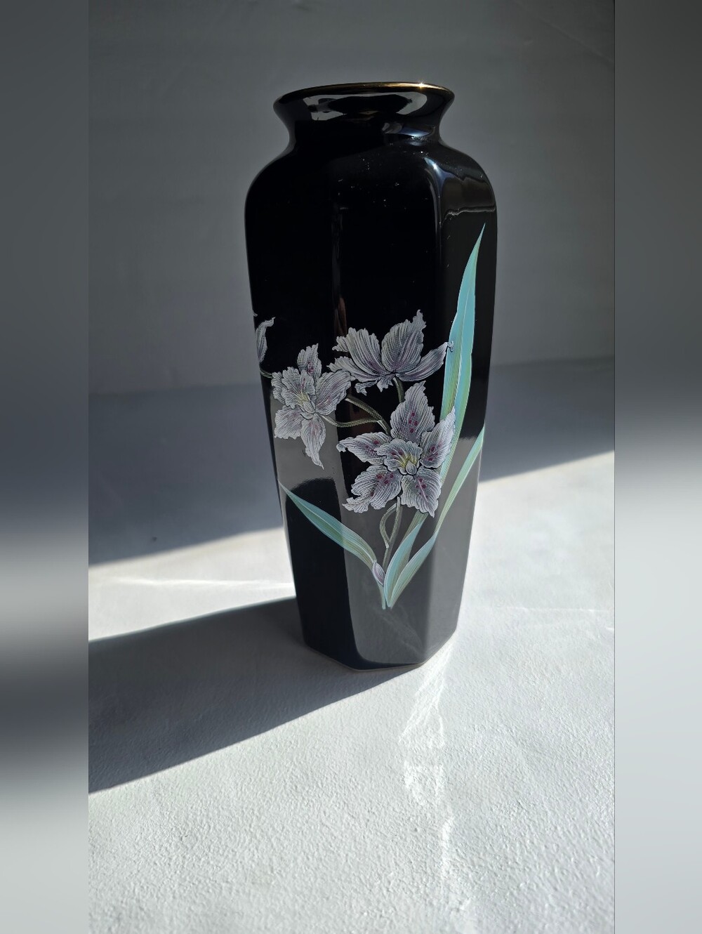 Black Floral Decorative Vase with Pale Pink and Green Accents